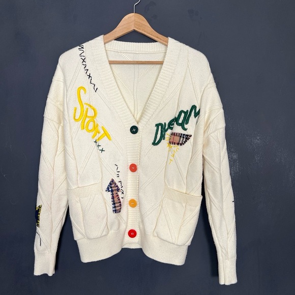 Sweaters - Womens Cardigan Size Cream Oversize Varsity Patchwork Embroidery Whimsical Retro